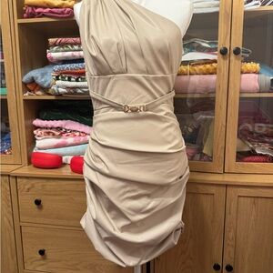 Luxe One-Shoulder Beige Dress with Belt